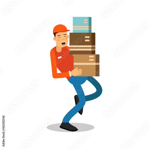 Worker mover man holding and carrying heavy cardboard boxes, courier in uniform at work cartoon character vector Illustration