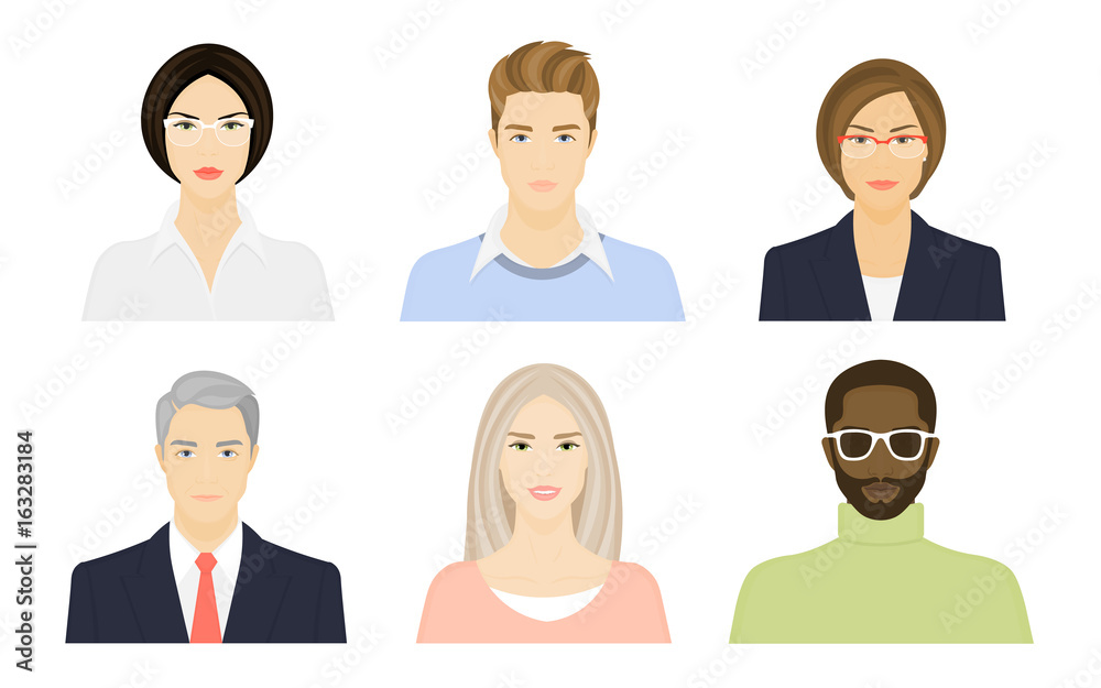Female and male faces on a white background. Young and old people. Avatar for the Internet. Vector flat illustration. Female and male faces on a white background. Young and old people. Avatar for the Internet. Vector flat illustration.