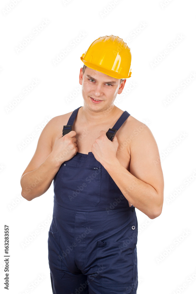Shirtless young constructor - isolated