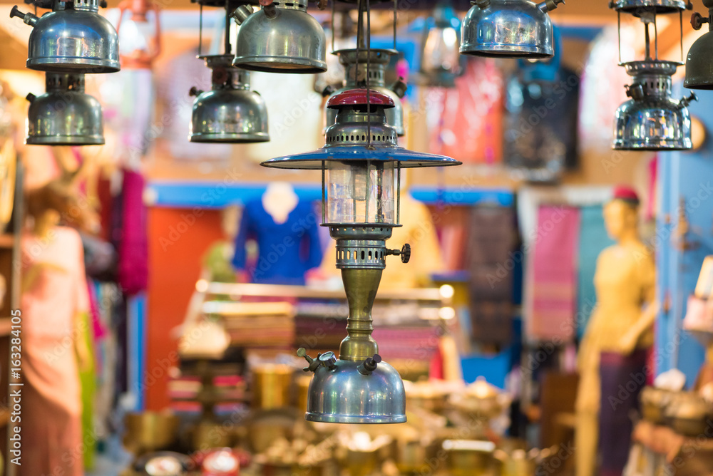 Hanged lamp in Antique store at market of Thailand.