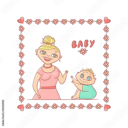 Bright vector illustration isolated on white background. A young mother or nanny smiling little curly child with big eyes. Cute square frame of pink flowers and hearts. Doodle inscription baby.