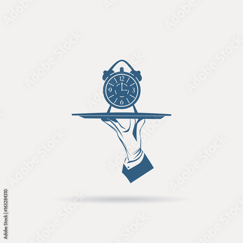 Vector logo of human hand with a tray and clock alarm over background, isolated. Classic icon or label for restaurants, cafe and any business. 