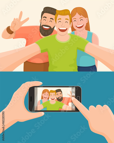 Group of three friends taking a photo with a smartphone. Taking a selfie. Friendship concept. Vector illustration.