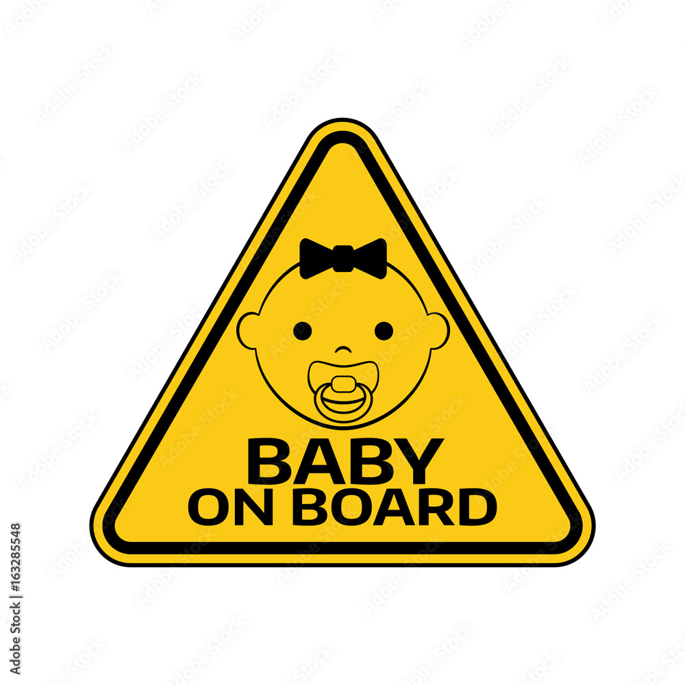Baby on board sign with child girl smiling face with nipple silhouette in yellow triangle on a white background.