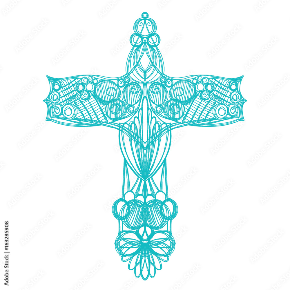 hand drawn blue cross sketch in ornate symmetrical pattern, church bulletin design, Christian religion symbol for Easter and good Friday
