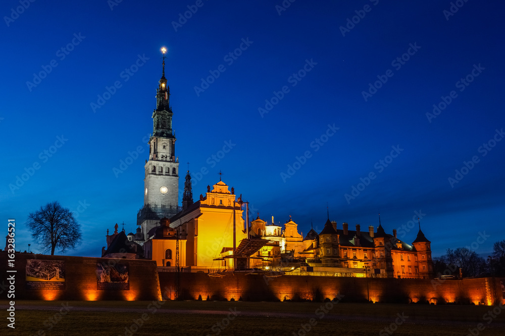 Night view on the Jasna Gora Monastery in Czestochowa, Silesia, Poland