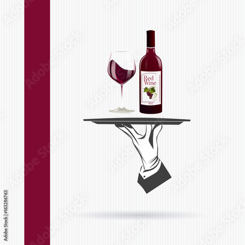 Waiter/butler hand holds a tray with a bottle of red wine and glass vector illustration isolated. Classic banner for restaurant/cafe menu and also wine list. Great design for catering.
