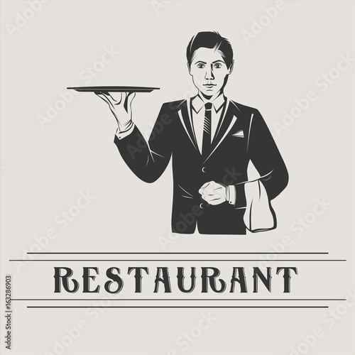 Waiter holds a tray isolated over background, vector vintage illustration of waiter with retro sign of restaurant