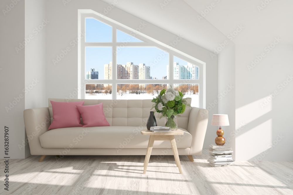 White room with sofa and urban landscape in window. Scandinavian interior design. 3D illustration White room with sofa and urban landscape in window. Scandinavian interior design. 3D illustration