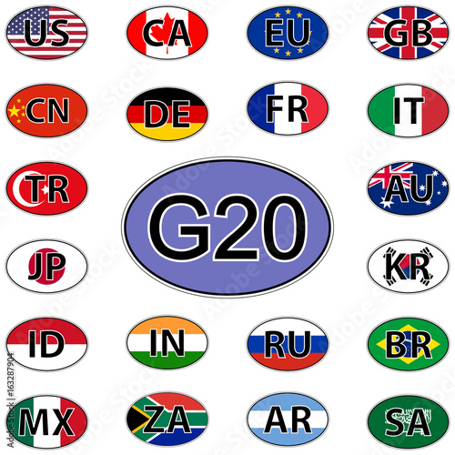 1123489 Set oval stickers flags of the G20, countries of the big twenty G20 Summit 2017 Hamburg