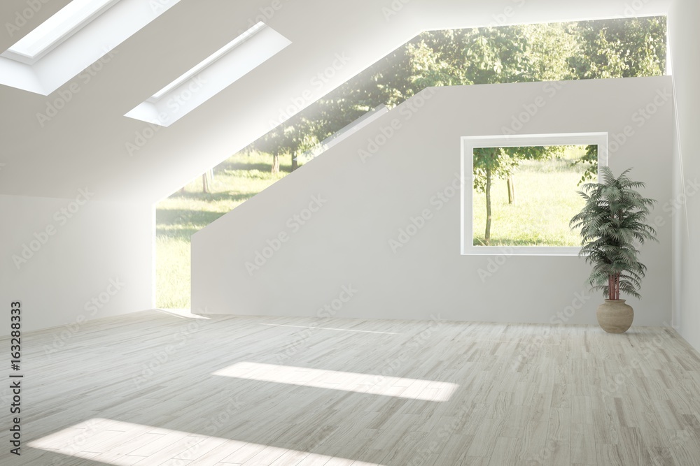 White empty room with green landscape in window. Scandinavian interior design. 3D illustration White empty room with green landscape in window. Scandinavian interior design. 3D illustration