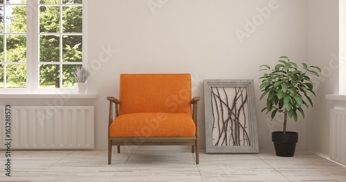 White room with armchair and green landscape in window. Scandinavian interior design. 3D illustration