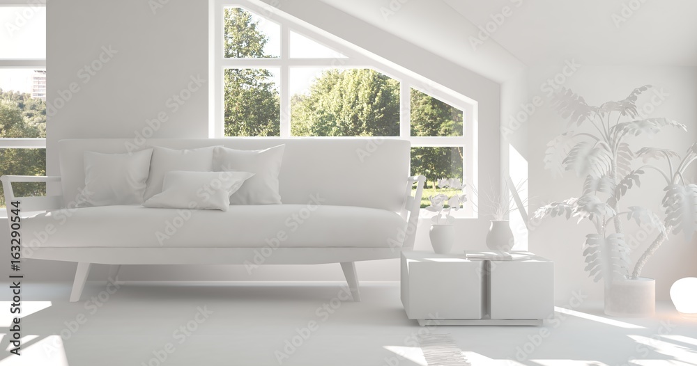White room with sofa and green landscape in window. Scandinavian interior design. 3D illustration White room with sofa and green landscape in window. Scandinavian interior design. 3D illustration