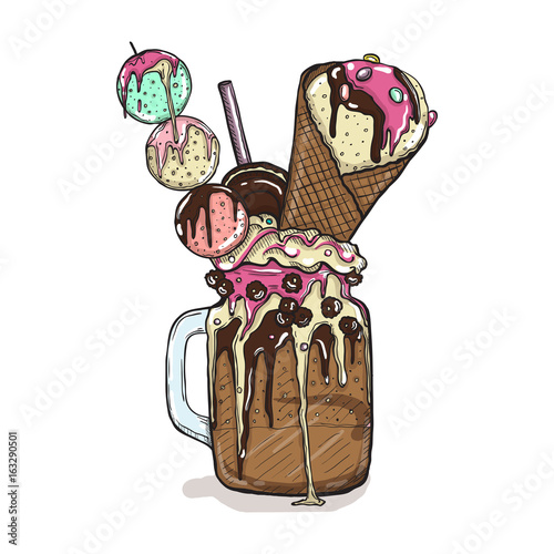 cartoon Style Milkshake with cookies chocolate sweets and ice cream. Hand Drawn Creative Dessert Isolated