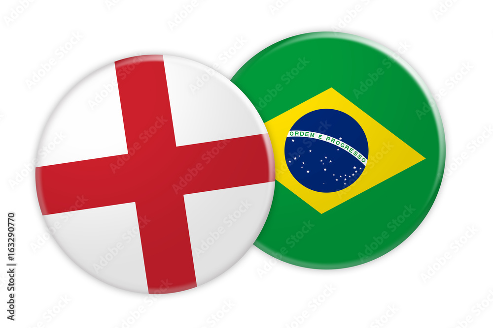 News Concept: England Flag Button On Brazil Flag Button, 3d illustration on white background