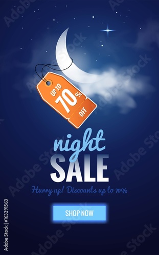 Night sale dark banner. Sale poster with moon, clouds and price tag. Vector illustration.