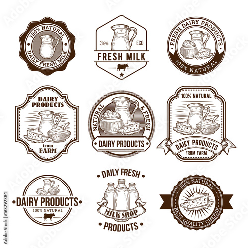 Set of vector illustrations, badges, stickers, labels, stamps for milk and dairy products for packaging, advertising and grocery stores