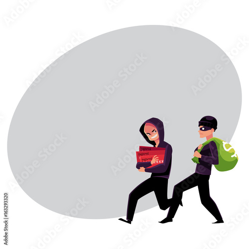 Thieves, robbers stealing money and credit card information, cartoon vector illustration with space for text. Cash money stealing and credit card fraud, robbery and fraudulent transactions