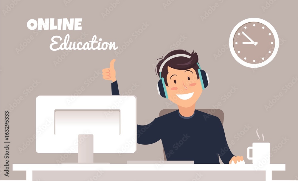 Young handsome man in headphones sitting at a table and working with computer in a home office. Online education concept. Vector illustration
