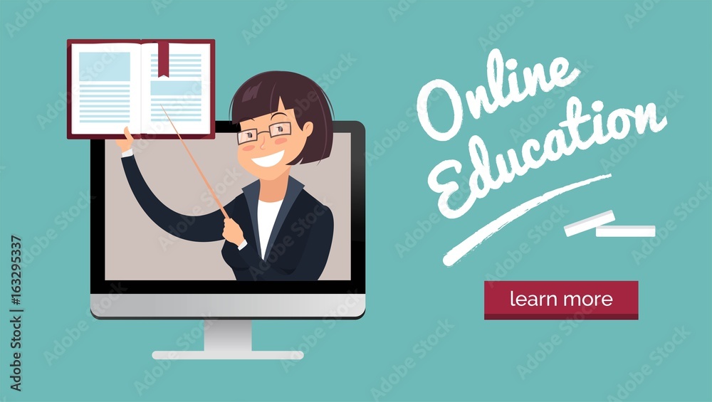 Vector illustration of teacher with book on laptop screen. Online education concept. Vector illustration of teacher with book on laptop screen. Online education concept.