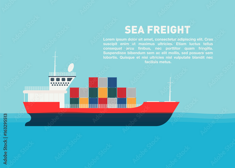 Transport cargo sea ship with containers. Sea transportation logistic, sea freight. Space for text - obrazy, fototapety, plakaty 