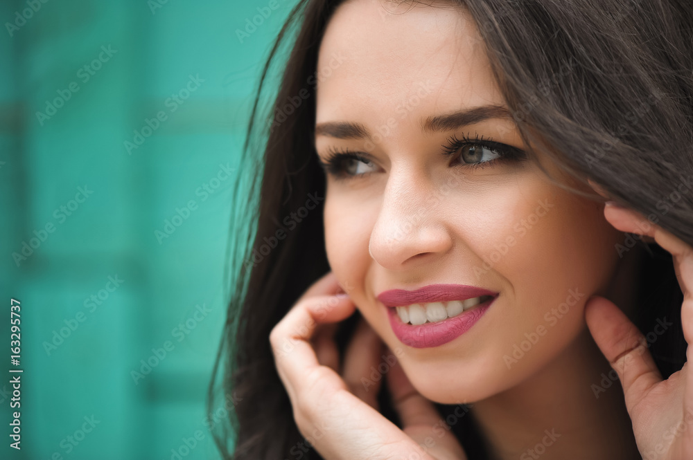 Portrait close up of young beautiful woman, on green background summer nature. Portrait close up of young beautiful woman, on green background summer nature.
