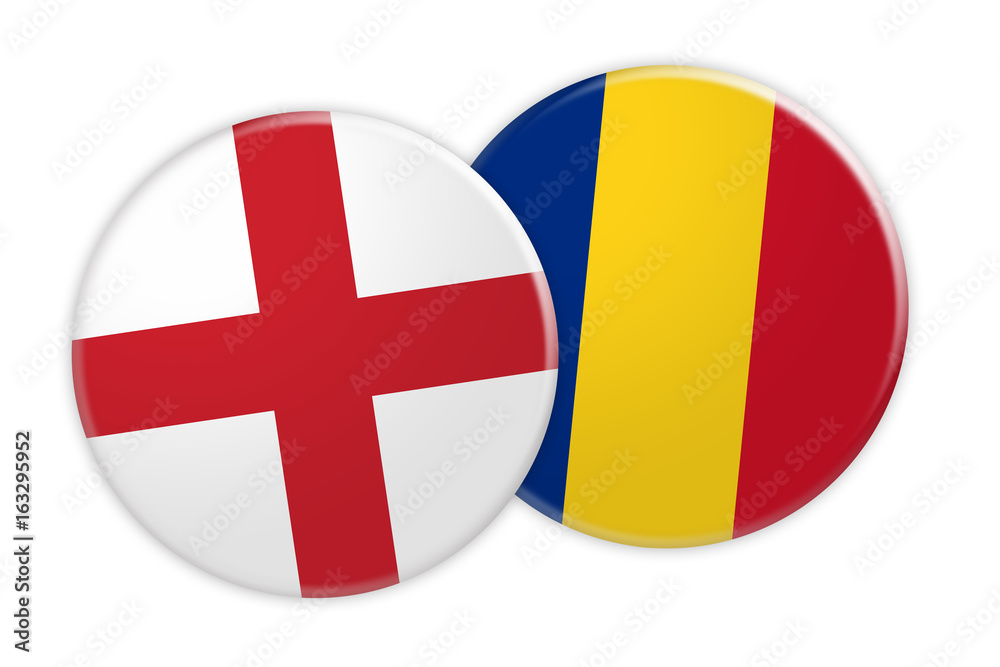 News Concept: England Flag Button On Romania Flag Button, 3d illustration on white background News Concept: England Flag Button On Romania Flag Button, 3d illustration on white background