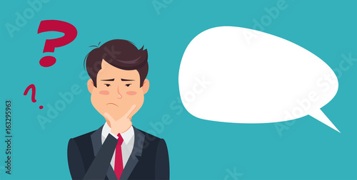 Thinking man with question mark. Cartoon vector illustration of asian businessman wondering and doubting