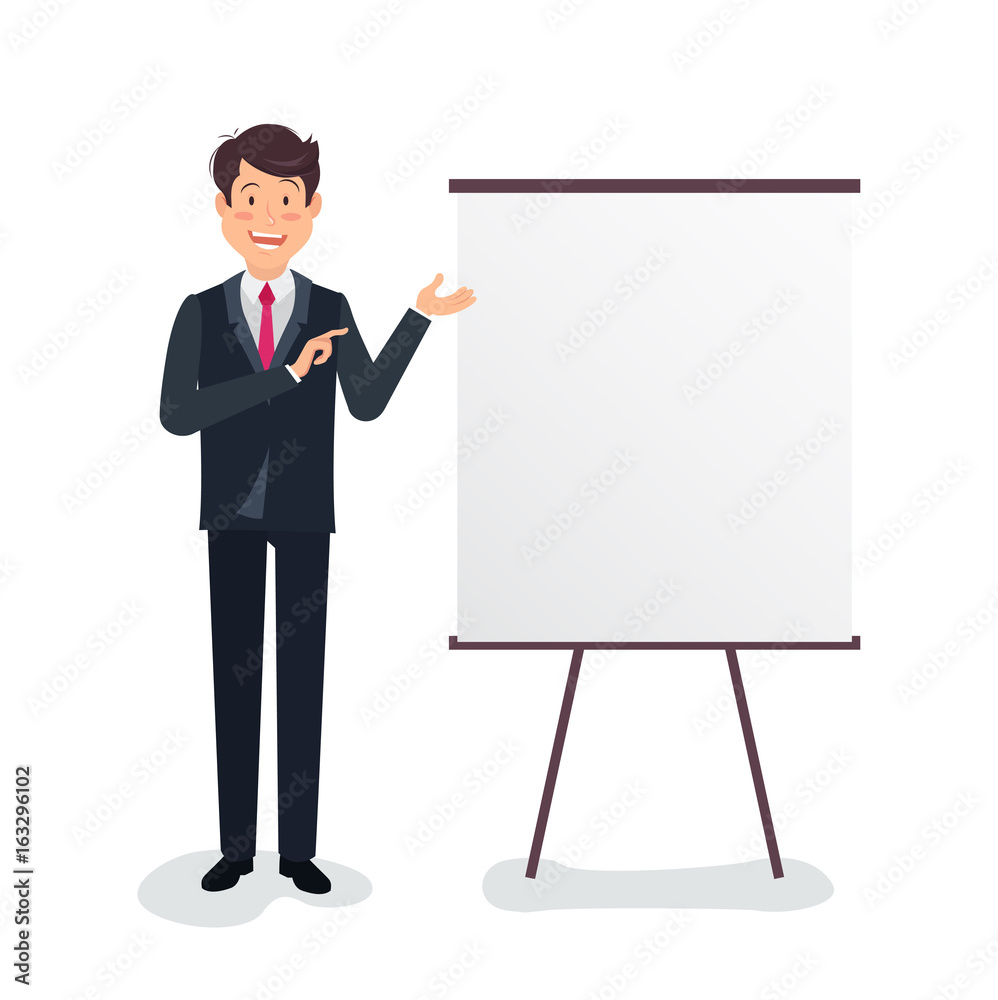 Full length portrait of a handsome businessman making presentation on flipchart over white background. Vector flat illustration of business plan. Full length portrait of a handsome businessman making presentation on flipchart over white background. Vector flat illustration of business plan.