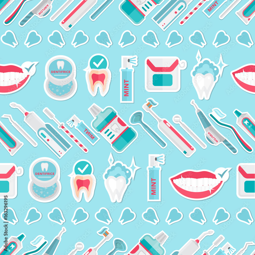 Medical teeth hygiene pattern vector with tools and equipment on blue background. Dental care flat illustration art. Medical teeth hygiene pattern vector with tools and equipment on blue background. Dental care flat illustration art.