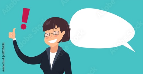 Smiling woman with exclamation mark and speech bubble. Cartoon vector illustration of  winking businesswoman showing thumbs up