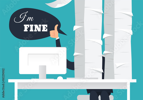 I am fine vector illustration. Overworked office man at his desk doing thumb up sign and speaking I am fine. Paperwork concept. Daily routine. A lot of works. photo