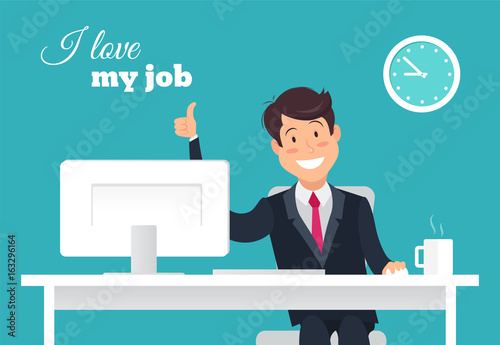 Portrait of handsome relaxed office worker at his desk doing thumb up sign and smiling. I love my job concept. 