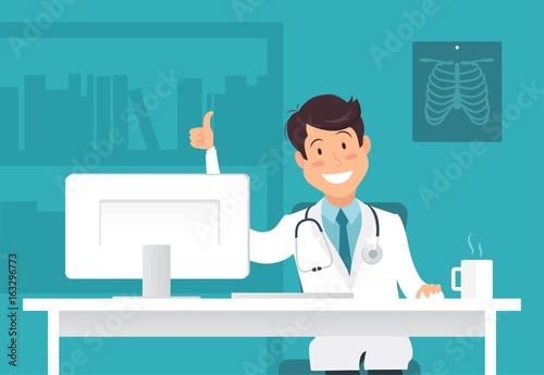 Portrait of handsome young male doctor at his desk doing thumb up sign and smiling. Vector illustration of happy doctor.