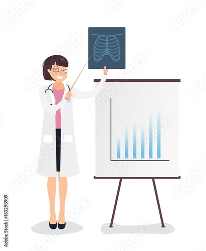 Young cheerful female doctor delivering a presentation and showing x-ray image. Medical workers in conference room. Vector illustration