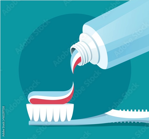 Brushing Teeth. Closeup of toothpaste coming out of a tube.  Teeth care concept. Flat vector illustration photo