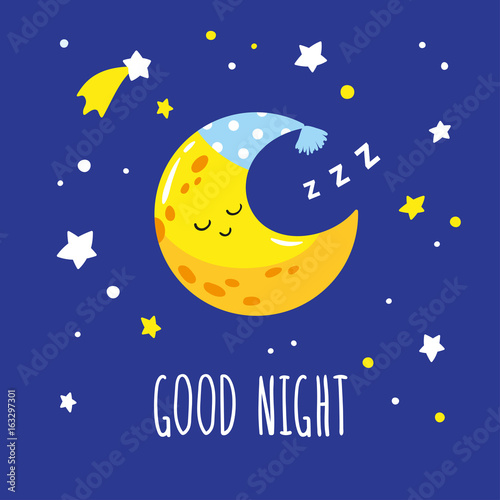 Cute sleeping crescent moon in the night sky. Hand-written inscription good night. Vector illustration is suitable for greeting cards, posters and prints on t-shirts.