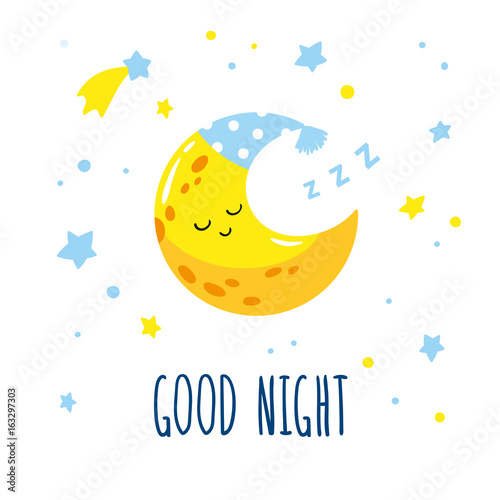 Cute sleeping crescent moon in the sky. Hand-written inscription good night. Vector illustration is suitable for greeting cards, posters and prints on t-shirts.