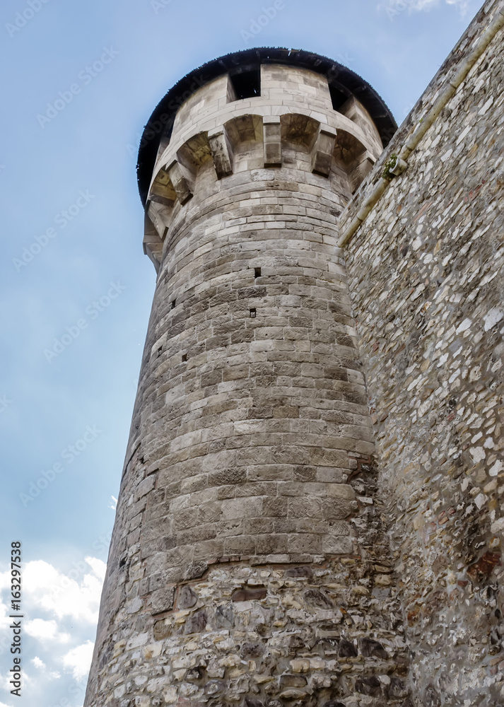 Perspective view of Middle Age stone tower over sky background