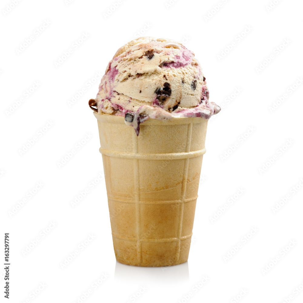 Ice cream with blueberries and chocolate in wafer cup on white background Ice cream with blueberries and chocolate in wafer cup on white background