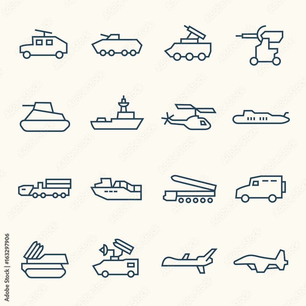 Military vehicles line icon set Military vehicles line icon set