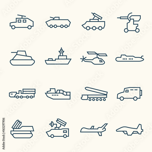 Military vehicles line icon set