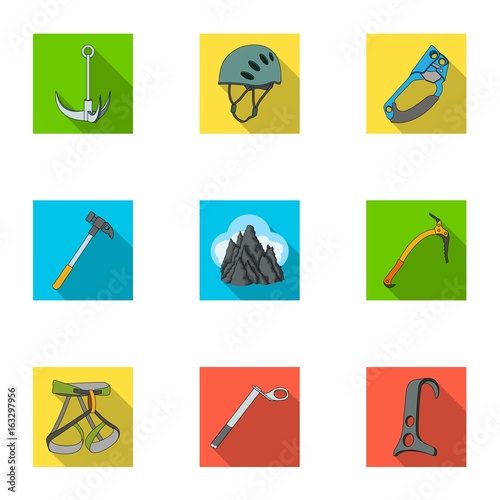 Ice ax, conquered top, mountains in the clouds and other equipment for mountaineering.Mountaineering set collection icons in flat style vector symbol stock illustration web.