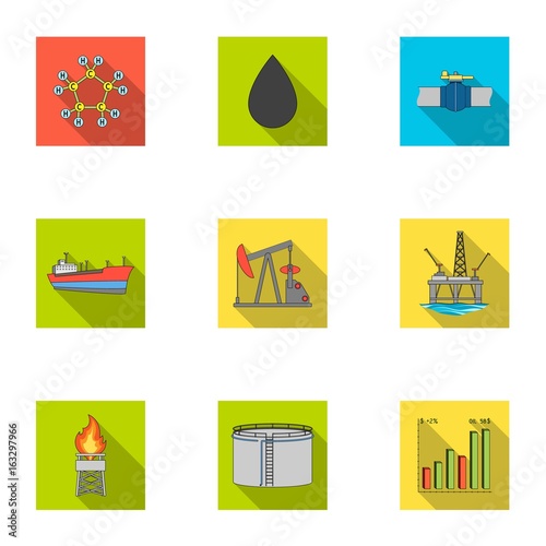 Oil rig, pump and other equipment for oil recovery, processing and storage.Oil set collection icons in flat style vector symbol stock illustration web.