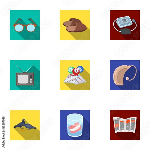 Armchair, slippers, tonometer and other attributes of old age.Old age set collection icons in flat style vector symbol stock illustration web.