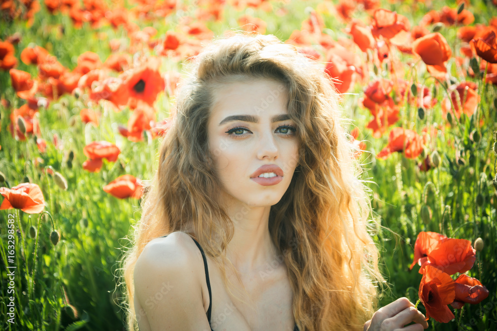 Naklejka premium pretty woman or girl in field of poppy seed