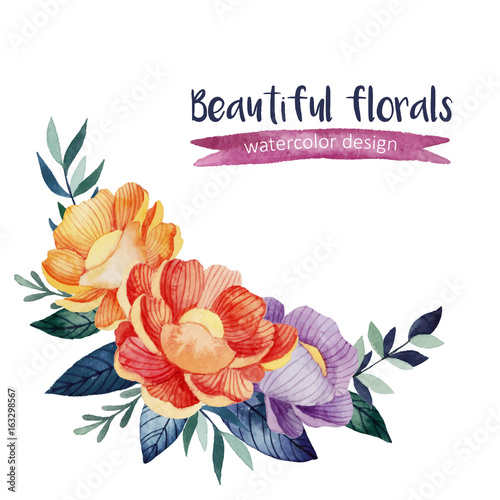  Hand drawn watercolor vector illustration with bright flowers and plants. photo