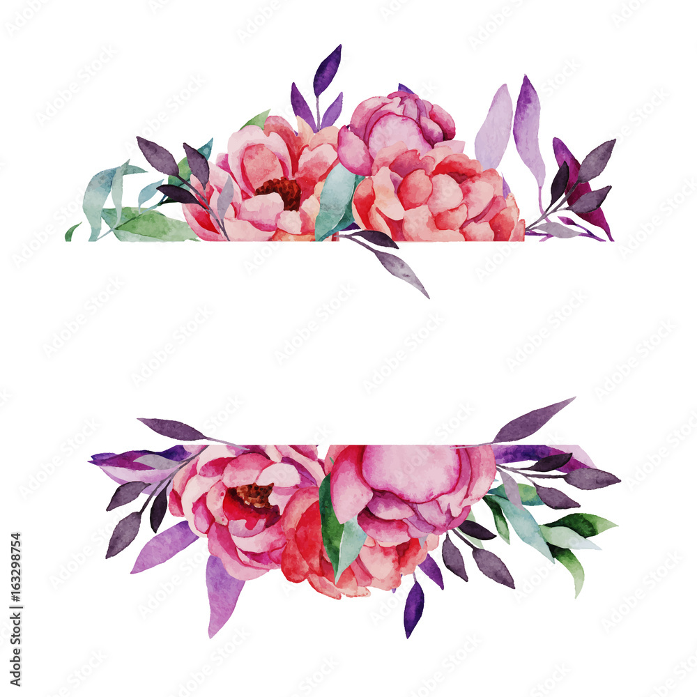 Hand drawn watercolor vector frame with bright flowers and plants Stock