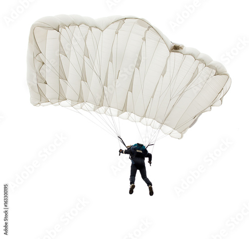 Murais de parede Jump of paratrooper with white parachute, isolated on a white background
