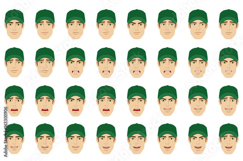 A man wearing a cap with different emotions and facial expressions